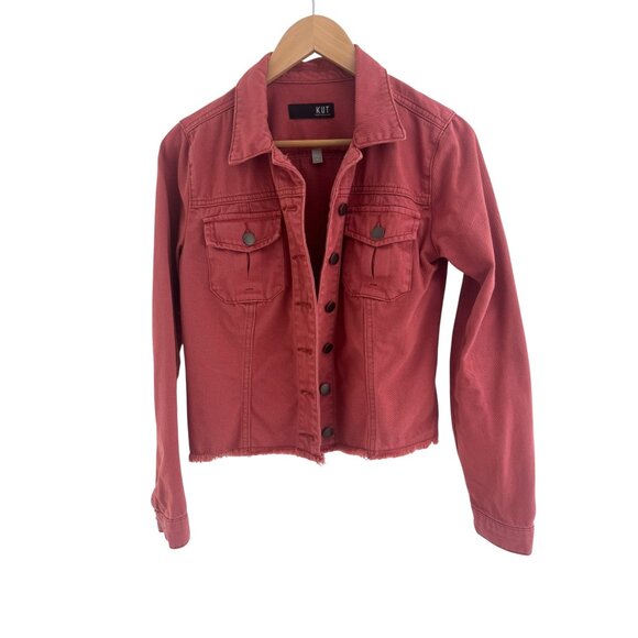 Kut From The Kloth Kara Jean Denim Jacket Cropped Fringe Size S Dark Coral - Picture 1 of 11